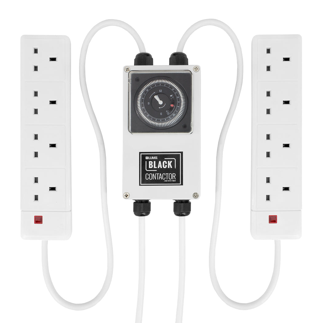 The mechanical timer is easy to programme in 15-minute increments, while the relay switch safely turns on HID lights without causing a power surge or overloading the timer.